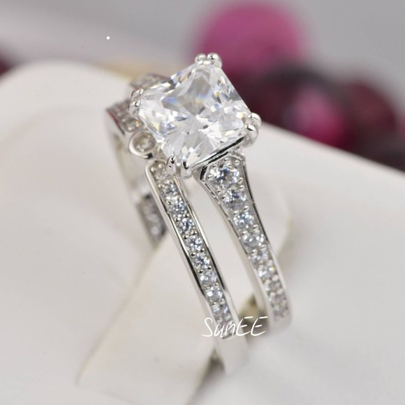 SnE Jewelry - NEW 925 STERLING SILVER PRINCESS DIAMOND CUT WEDDING RINGS ENGAGEMENT RINGS